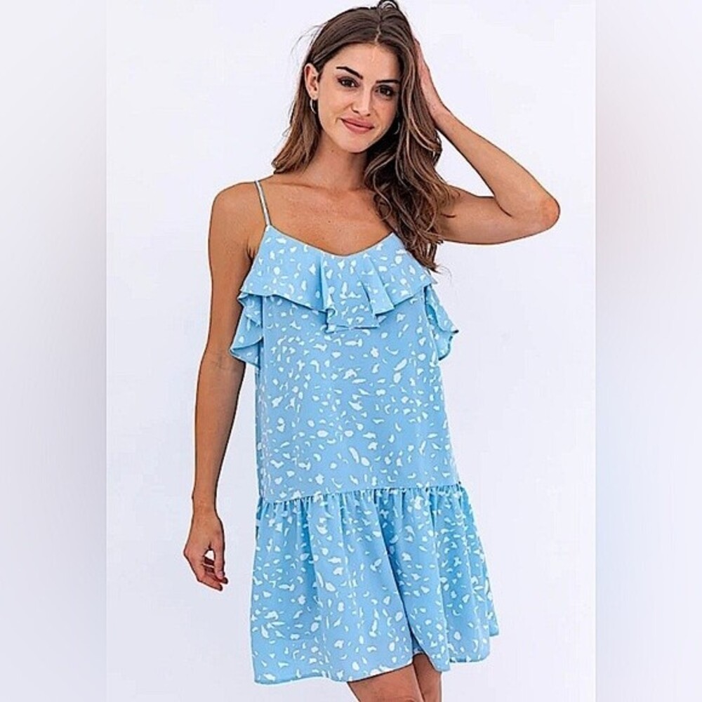 NWT Gilli Blue & White Ruffle Drop Waist Flounce Dress Size Small